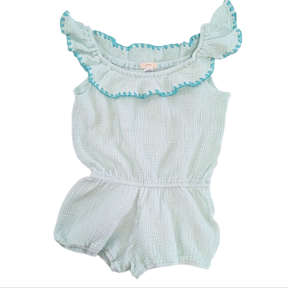 Eberjey Girls Nomad Off Shoulder Romper Ruffle Trim Shorts Gauzy Teal Blue 8